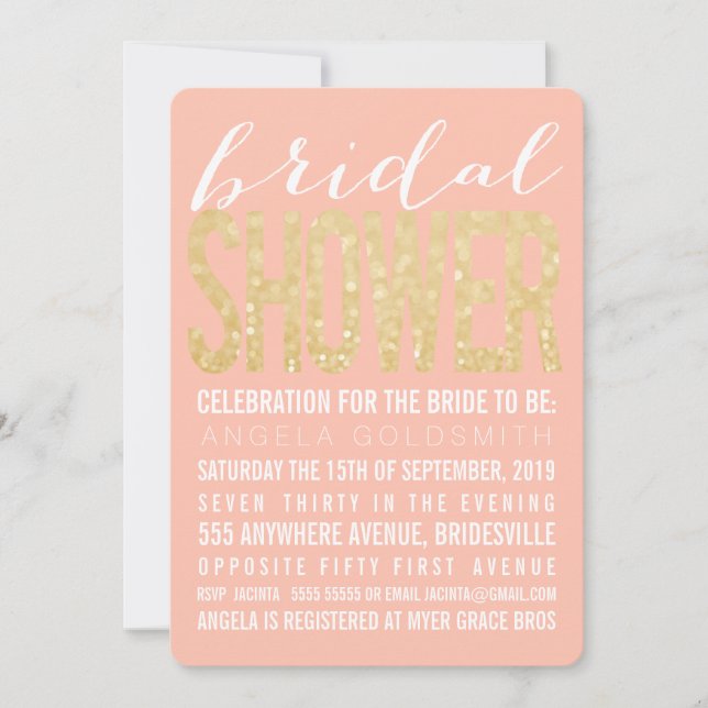 Bridal Shower Coral Gold Glitter Typography Invitation (Front)