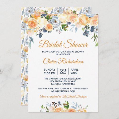 Bridal Shower Coral Peach Navy Watercolor Floral Invitation