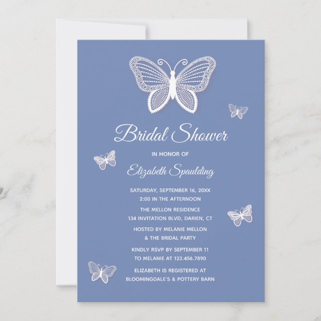 Bridal Shower Cornflower Blue & White Butterflies Invitation (Front)