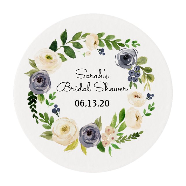 Bridal Shower Cupcake Topper Custom Blue Flower Edible Frosting Rounds (Front)