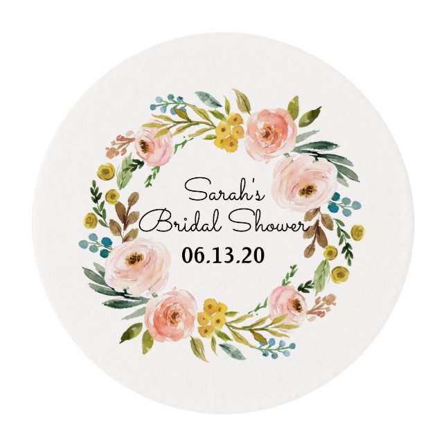 Bridal Shower Cupcake Topper Floral Edible Frosting Rounds (Front)