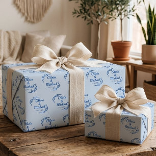 Bridal Shower Custom Blue Bow Newlyweds Wedding Wrapping Paper