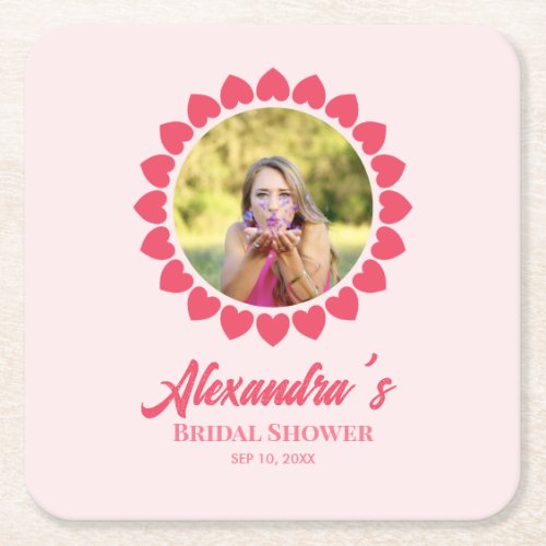 Bridal Shower Custom Photo Heart Circle Frame Square Paper Coaster