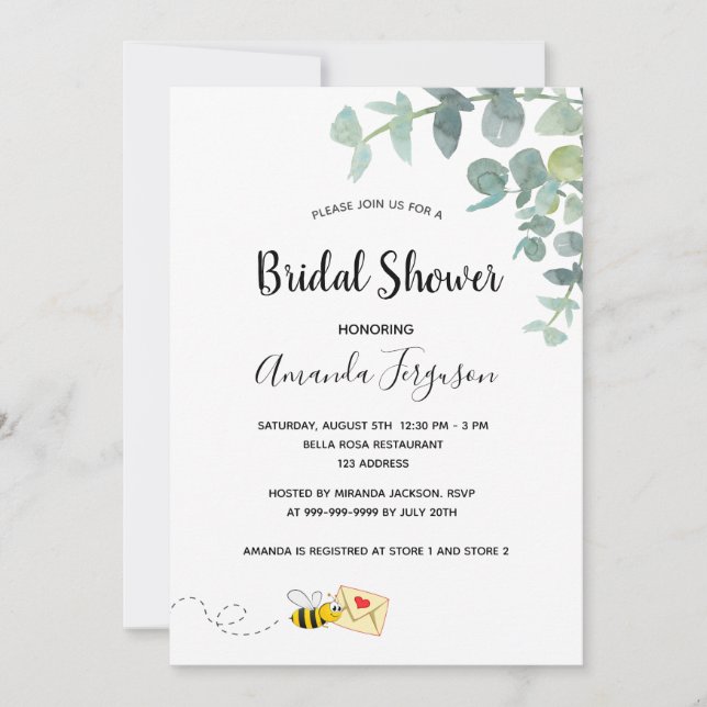 Bridal Shower cute bee eucalyptus white elegant Invitation (Front)