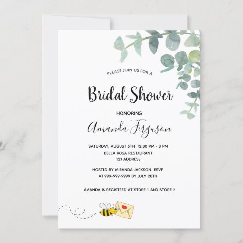 Bridal Shower cute bee eucalyptus white elegant Invitation