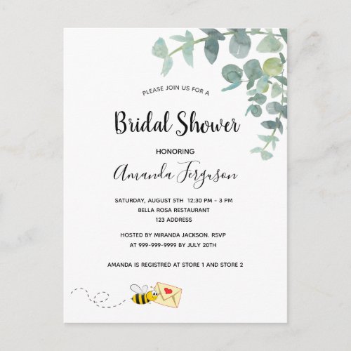 Bridal Shower cute bee eucalyptus white elegant Postcard