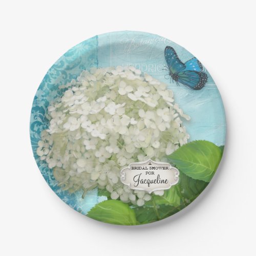 Bridal Shower Damask White Hydrangea Butterfly Art Paper Plates