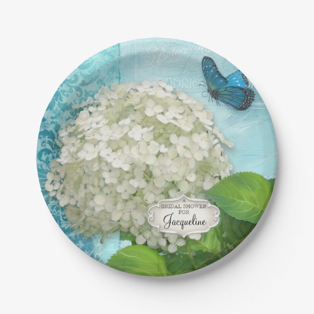 Bridal Shower Damask White Hydrangea Butterfly Art Paper Plates (Front)