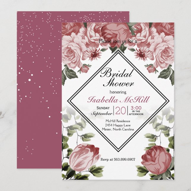 Bridal Shower - Dark Pink Floral Invitation (Front/Back)