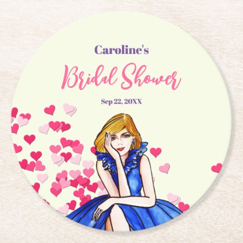 Bridal Shower Dark Royal Blue Cocktail Gown  Round Paper Coaster