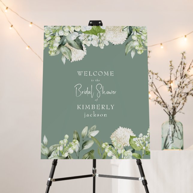 Bridal Shower Dark Sage White Hydrangea Welcome Foam Board (In Situ (Stand))