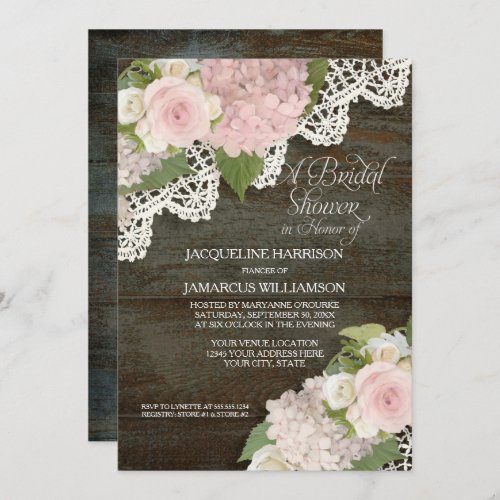 Bridal Shower Dark Wood Floral Vintage Lace Roses Invitation