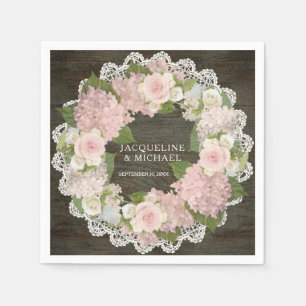 Bridal Shower Dark Wood Lace Hydrangea Rose Wreath Paper Napkins