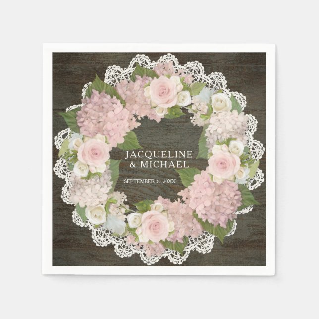 Bridal Shower Dark Wood Lace Hydrangea Rose Wreath Paper Napkins (Front)