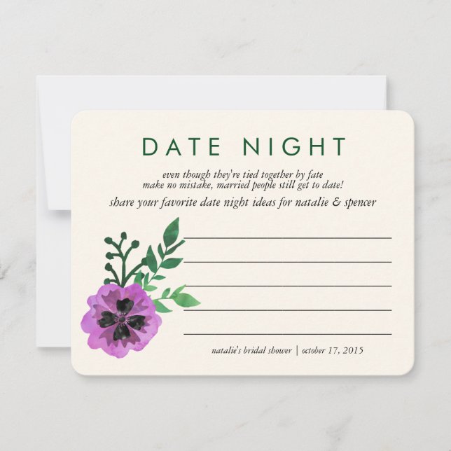 Bridal Shower Date Night Ideas Card | Purple Pansy (Front)