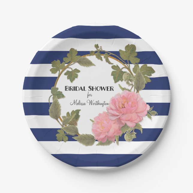 Bridal Shower Decor Gold Wide Striped Peony Wreath Paper Plates (Front)