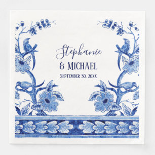 Bridal Shower Decor Indigo Blue Chinese Floral Art Paper Dinner Napkins
