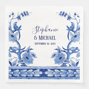 Bridal Shower Decor Indigo Blue Chinese Floral Art Paper Dinner Napkins