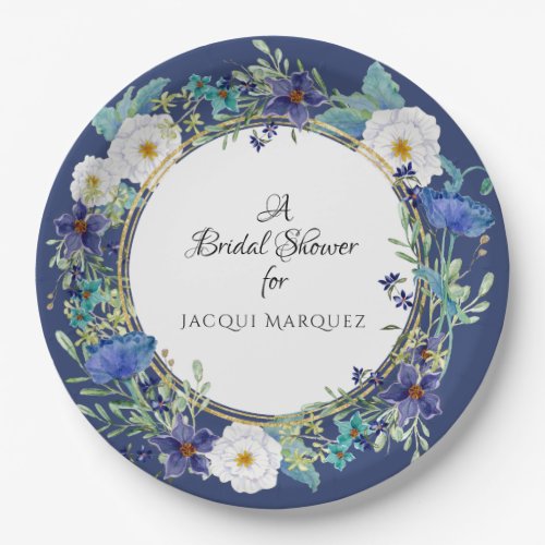 Bridal Shower Decor Watercolor Blue Poppy Floral Paper Plates