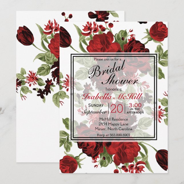 Bridal Shower - Deep Red Roses Invitation (Front/Back)