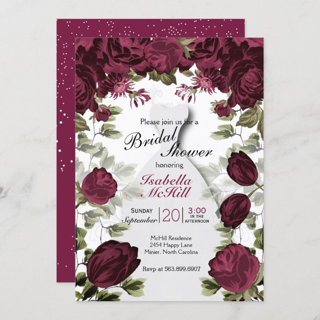 Bridal Shower - Deep Red WIne Botanical Flowers Invitation (Front/Back)
