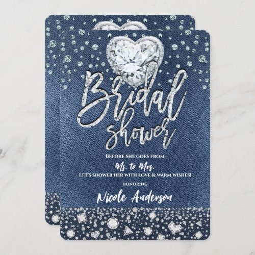 Bridal Shower Denim  Bling Diamonds Heart Invitation