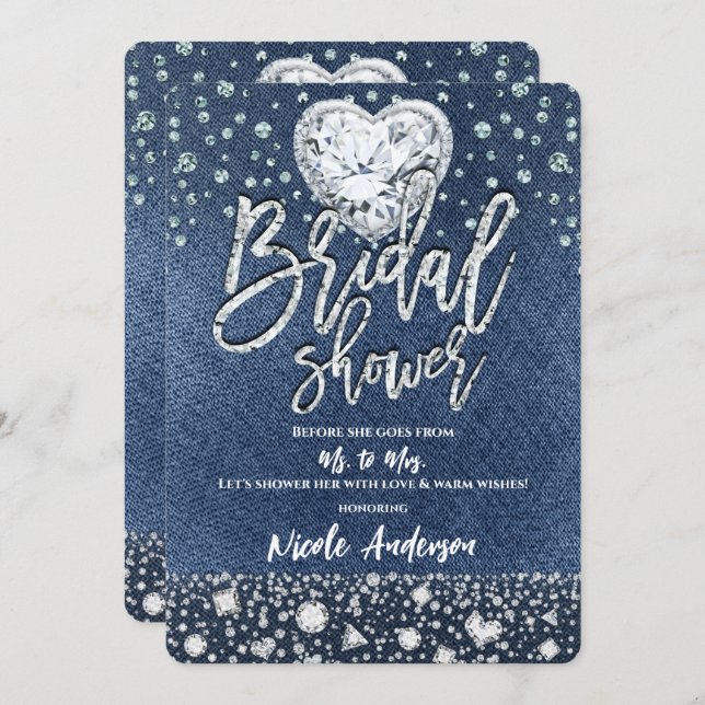 Bridal Shower Denim & Bling Diamonds Heart Invitation (Front/Back)