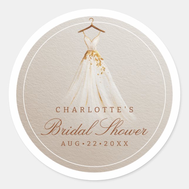 Bridal Shower Dress Favor Sticker in Taupe & Gold (Front)