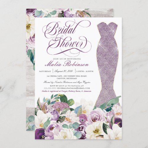 Bridal Shower Dress Glam Gown Botanical Lavender  Invitation