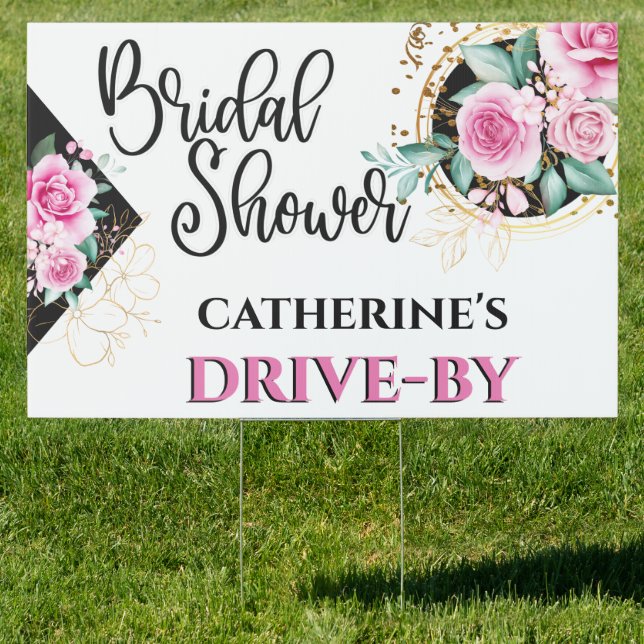 Bridal shower drive by pink rose gold glitter chic sign (Insitu)