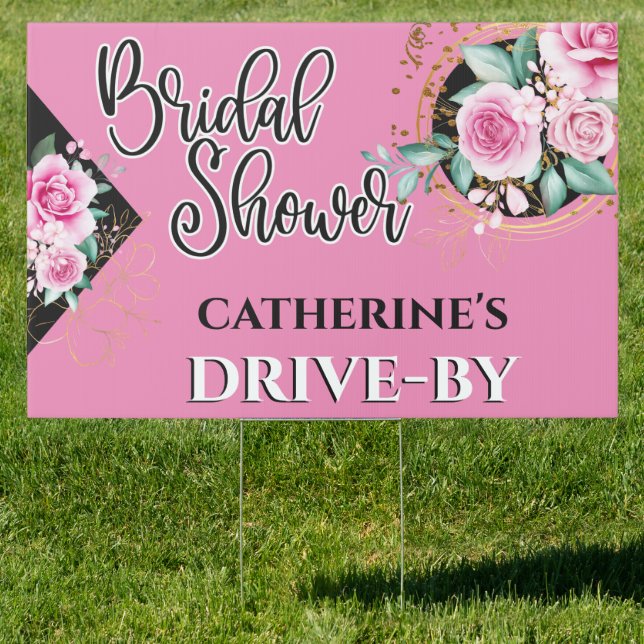Bridal shower drive by pink roses floral chic sign (Insitu)