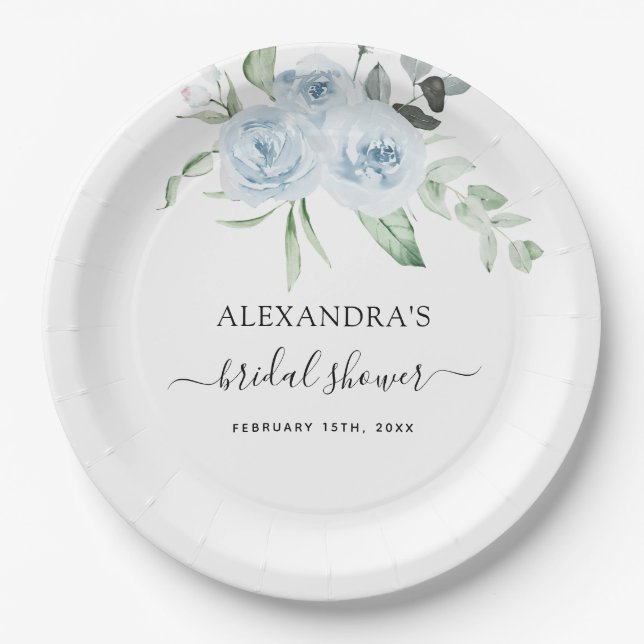 Bridal Shower Dusty Blue Eucalyptus Sage Green Paper Plates (Front)