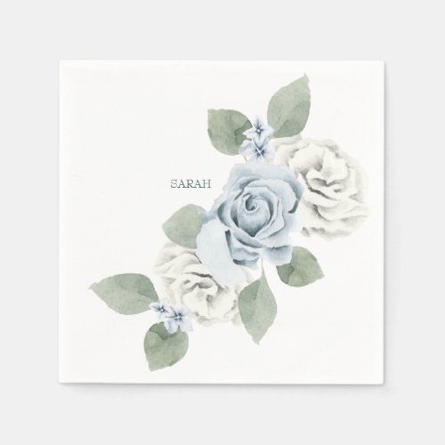 Bridal Shower Dusty Blue Floral Custom Cocktail Napkins