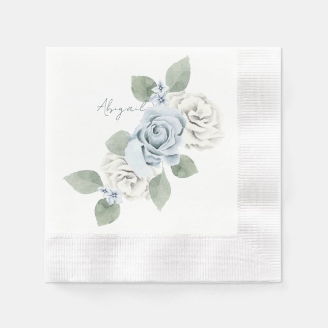 Bridal Shower Dusty Blue Floral Custom Coined Napkins (Front)