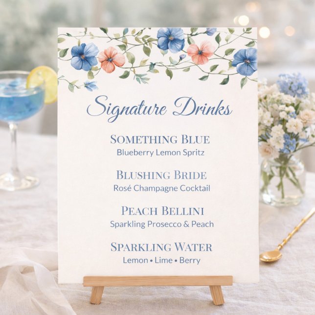 Bridal Shower Dusty Blue Floral Drink Menu (Creator Uploaded)