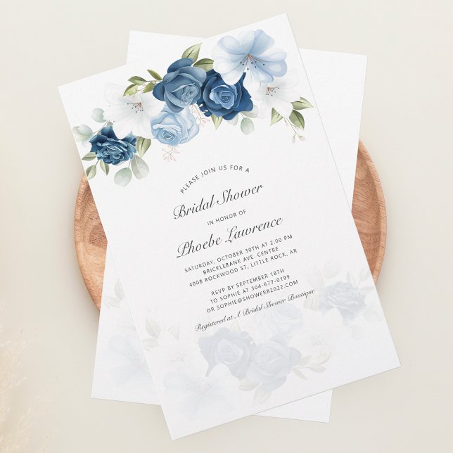 Bridal Shower Dusty Blue Floral Invitation Stationery (Dusty Blue Floral Elegant Bridal Shower Invitation Stationery)