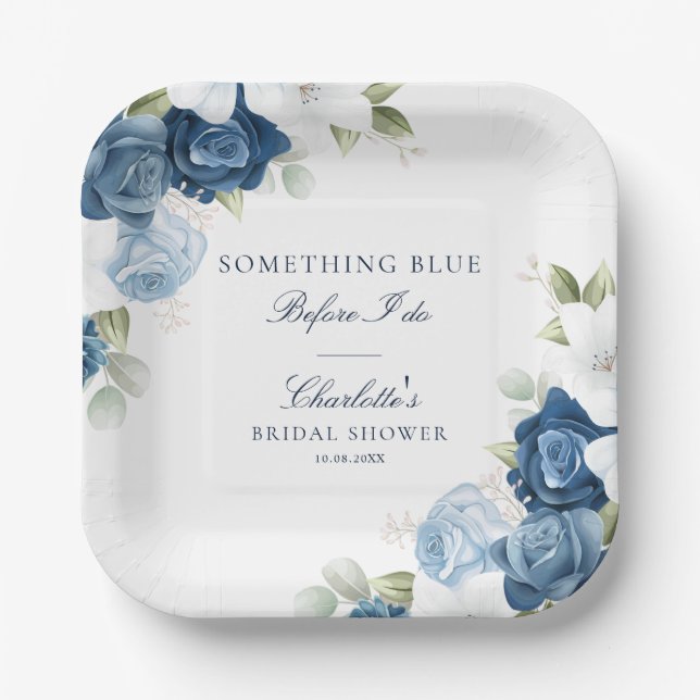 Bridal Shower Dusty Blue Floral Paper Plates (Front)