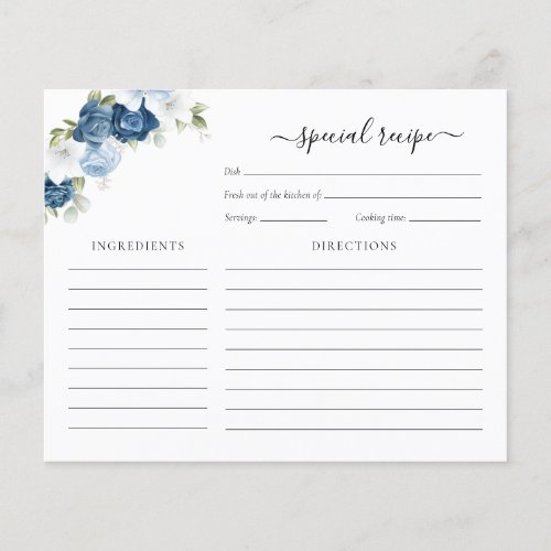 Bridal Shower Dusty Blue Floral Recipe Card