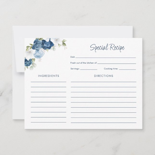 Bridal Shower Dusty Blue Floral Recipe Note Card (Front)