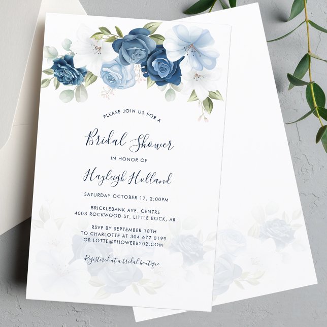 Bridal Shower Dusty Blue Floral Script Invitation (Floral Dusty Blue Watercolor Bridal Shower Invitation)