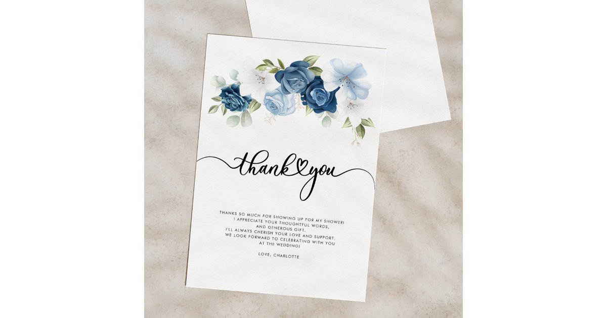 Bridal Shower Dusty Blue Floral Thank You Card | Zazzle