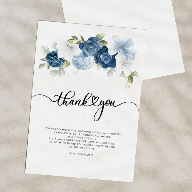 Bridal Shower Dusty Blue Floral Thank You Card | Zazzle