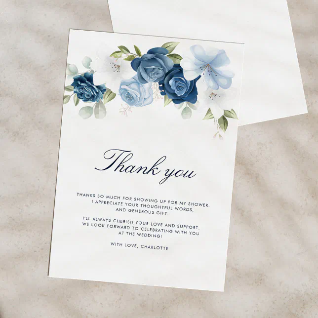 Bridal Shower Dusty Blue Floral Thank You Card | Zazzle