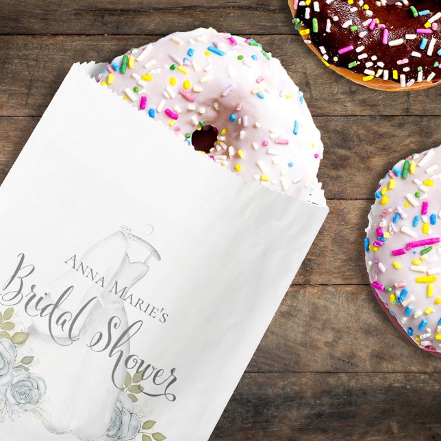 Bridal Shower Dusty Blue Floral Wedding Dress Favor Bag (Classic wedding bridal shower favor bag with stylish calligraphy script. )