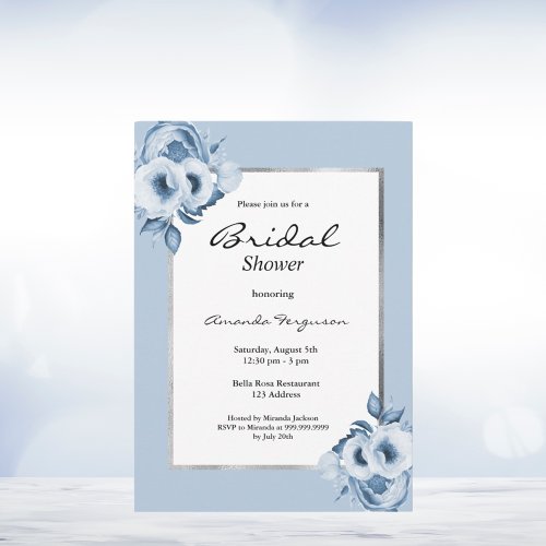 Bridal shower dusty blue florals silver invitation