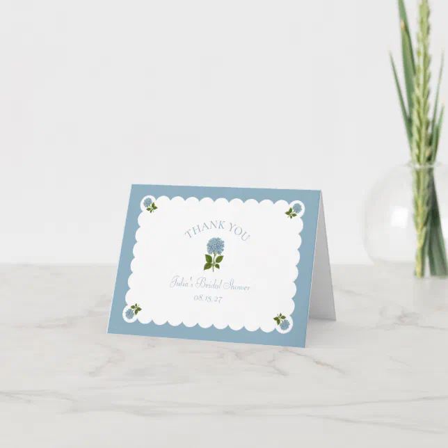 Bridal Shower Dusty Blue Hydrangea Chic Scalloped Thank You Card | Zazzle