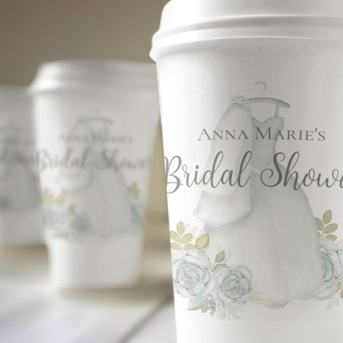 Bridal Shower Dusty Blue Wedding Dress Floral Rose Paper Cups