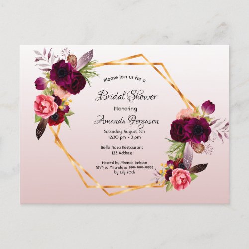 Bridal shower dusty rose burgundy invitation postcard