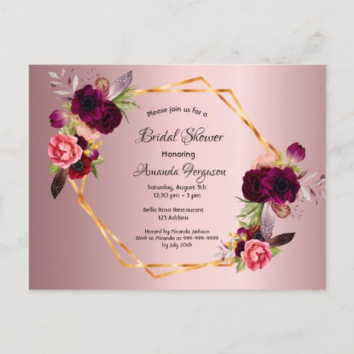 Bridal shower dusty rose burgundy invitation postcard