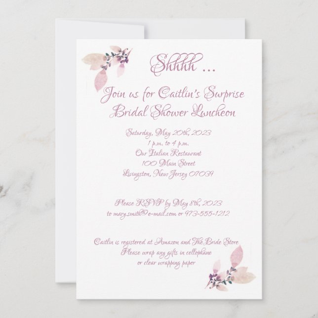 Bridal Shower, Dusty Rose Watercolor  Invitation (Front)